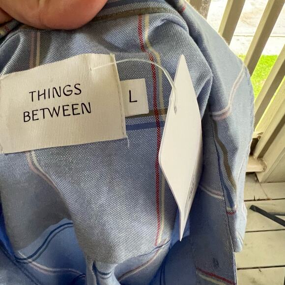 Things Between Blue Plaid Cotton Oxford Shorts Romper L NWT - Picture 4 of 5